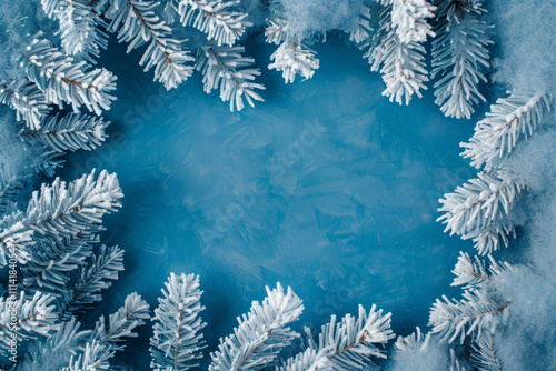 beautiful New Year background, with snow-covered fir branches, top view