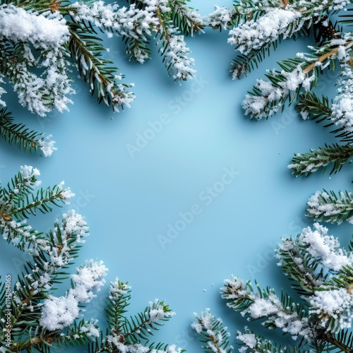 beautiful New Year background, with snow-covered fir branches, top view