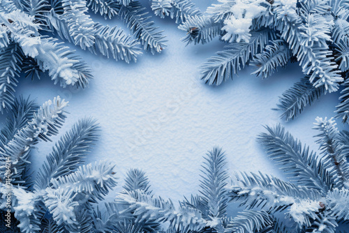 beautiful New Year background, with snow-covered fir branches, top view