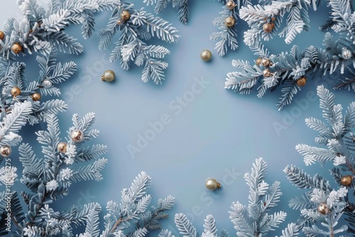 beautiful New Year background, with snow-covered fir branches, top view