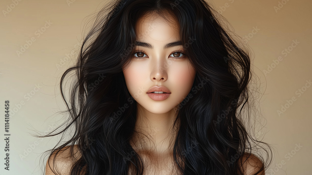 Naklejka premium Korean woman showcasing long, flowing hair against a soft background in a natural light setting