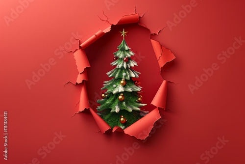 Three-dimensional Christmas tree peeking out of a paper hole, advertising banner, New Year's concept