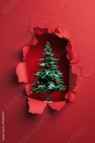 Three-dimensional Christmas tree peeking out of a paper hole, advertising banner, New Year's concept