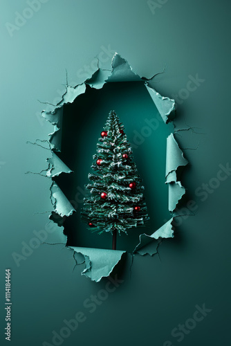 Three-dimensional Christmas tree peeking out of a paper hole, advertising banner, New Year's concept