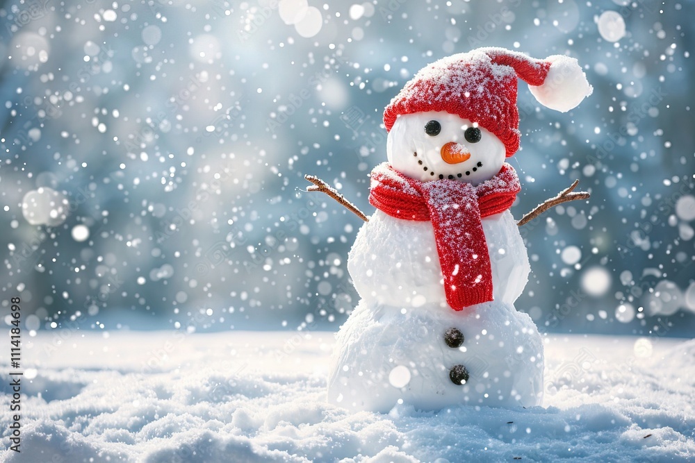 A snowman wearing a red hat and scarf stands in the snow on snowfall bokeh background with copy space A snowman wearing a red hat and scarf stands in the snow on snowfall bokeh background with copy space