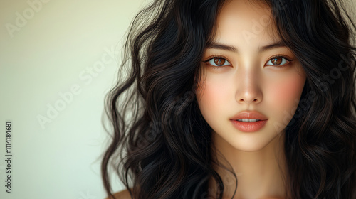 Korean woman with long, wavy hair showcasing natural beauty in a serene setting