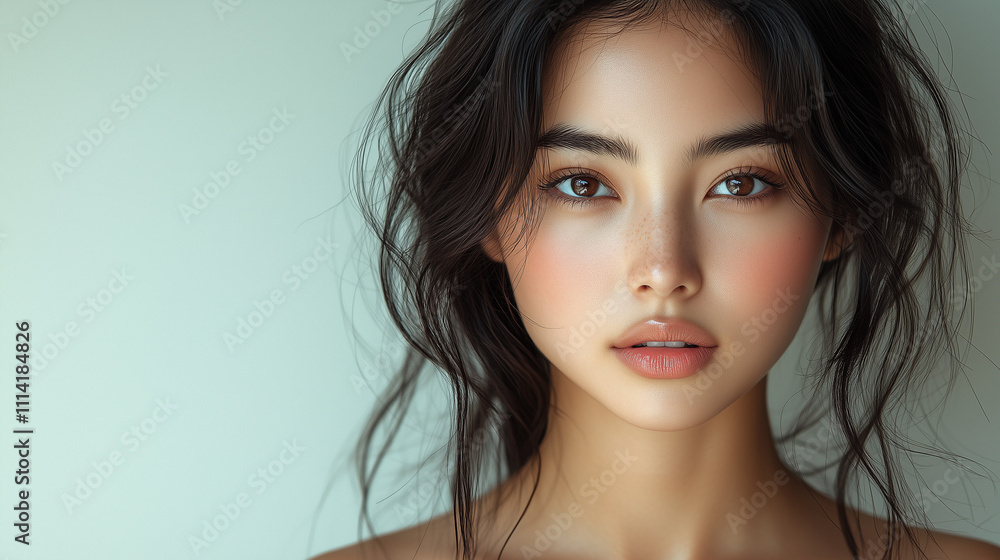 Captivating portrait of a young Korean woman with flowing hair in a soft and natural setting