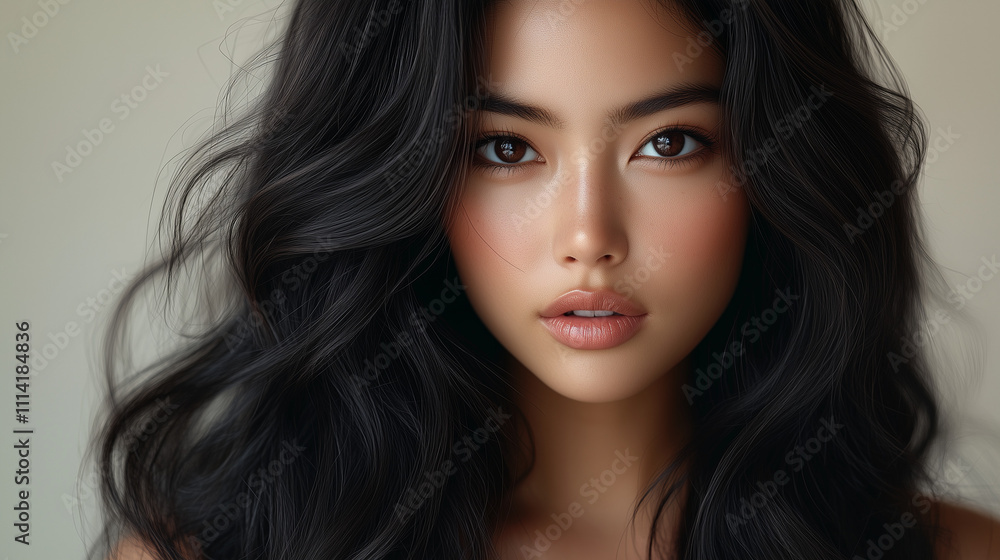 Fototapeta premium Portrait of a young Korean woman with long dark hair against a neutral background, showcasing natural beauty and elegance