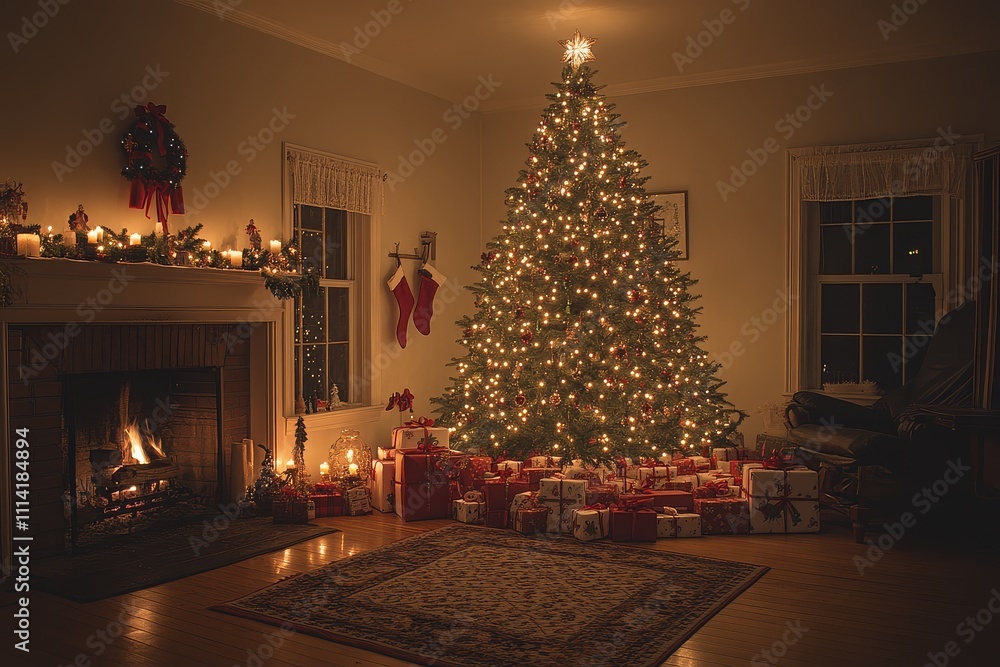 Fototapeta premium Cozy Christmas scene with decorated tree, twinkling lights, fireplace glow, and flickering candles. Wrapped presents beneath the tree creating a festive atmosphere.