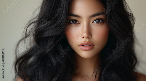 Wallpaper Mural Portrait of a young Korean woman with long dark hair against a neutral background, showcasing natural beauty and elegance Torontodigital.ca