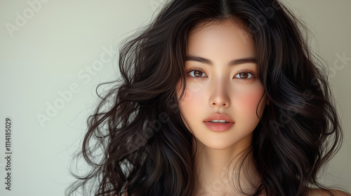 Wallpaper Mural Korean woman with beautiful long hair smiling softly against a neutral background in bright lighting Torontodigital.ca