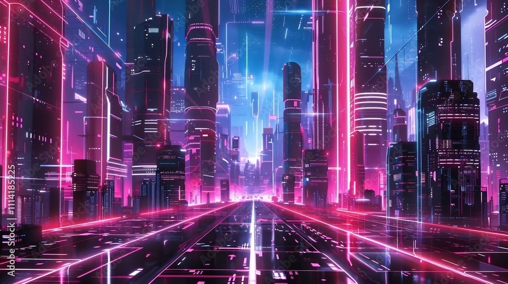 Fototapeta premium Cyberpunk Cityscape: Neon-Lit Metropolis at Night