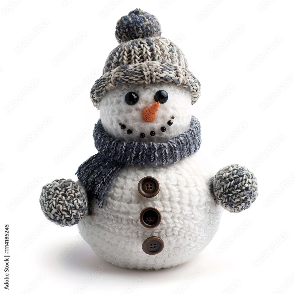 Obraz premium cute toy knitted snowman with gray hat and scarf isolated on white background
