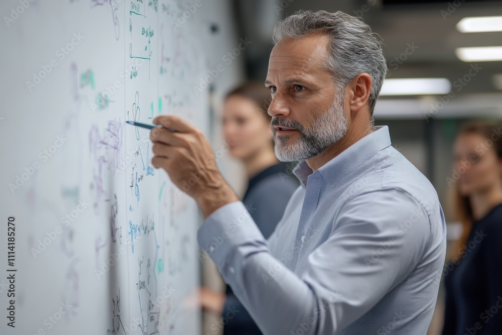 Fototapeta premium A focused professional explains concepts on a whiteboard, emphasizing collaboration in a modern workspace with engaged colleagues observing behind him.