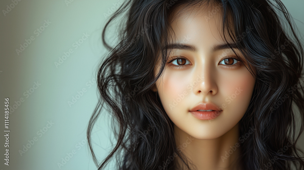 Portrait of a young Korean woman with wavy hair, showcasing natural beauty and expression in soft light Portrait of a young Korean woman with wavy hair, showcasing natural beauty and expression in soft light