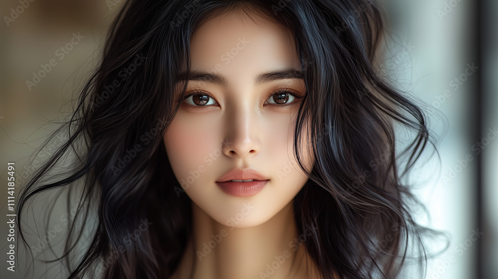 Captivating portrait of a young Korean woman with flowing dark hair showcasing natural beauty in a serene setting Captivating portrait of a young Korean woman with flowing dark hair showcasing natural beauty in a serene setting
