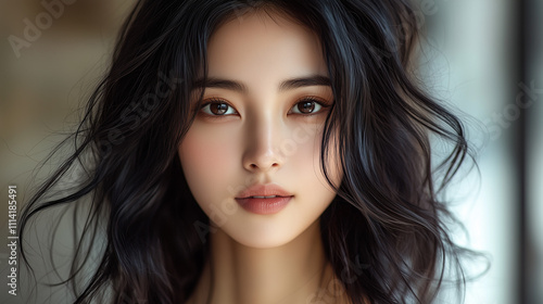 Wallpaper Mural Captivating portrait of a young Korean woman with flowing dark hair showcasing natural beauty in a serene setting Torontodigital.ca