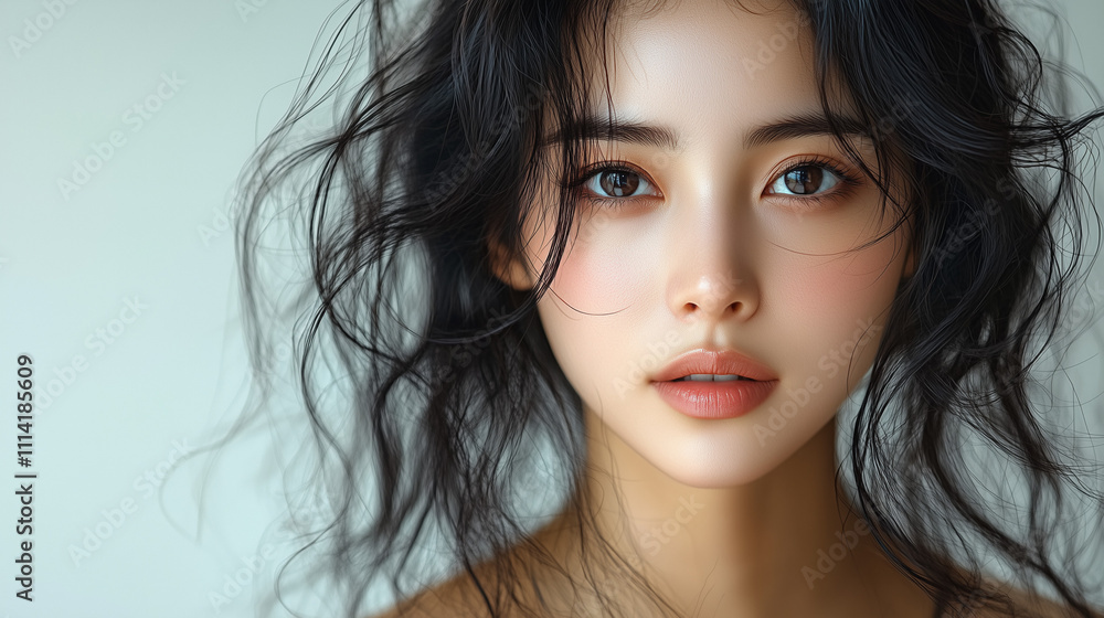 Captivating portrait of a woman with flowing dark hair showcasing natural beauty and a serene expression Captivating portrait of a woman with flowing dark hair showcasing natural beauty and a serene expression
