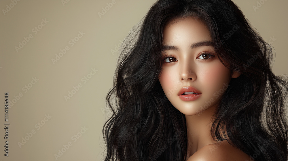 Portrait of a young Korean woman with long wavy hair showcasing natural beauty against a soft backdrop Portrait of a young Korean woman with long wavy hair showcasing natural beauty against a soft backdrop