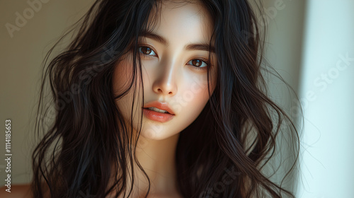 Wallpaper Mural Portrait of a young woman with flowing dark hair and captivating eyes, showcasing natural beauty and elegance in a serene setting Torontodigital.ca