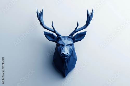 Geometric blue deer head logo on dark background with antlers photo