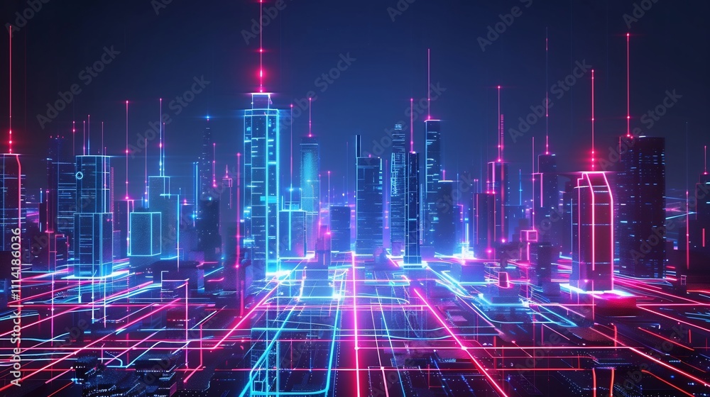 Fototapeta premium Neon Cityscape: Futuristic Digital Metropolis at Night