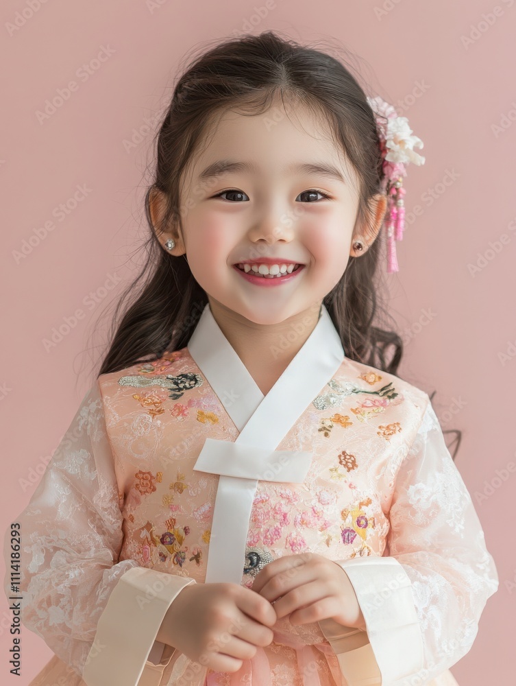 A sweet little europe girl in a traditional Korean hanbok, smiling and looking directly at the camera, her hands folded in front of her chest. A sweet little europe girl in a traditional Korean hanbok, smiling and looking directly at the camera, her hands folded in front of her chest.