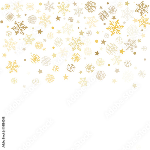 Christmas snowflakes background. Winter gold snow falling decoration, greeting card. Noel subtle Vector illustration