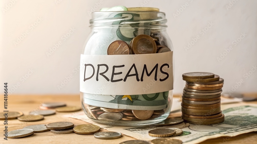 Dreams savings jar filled with coins and cash in soft golden light Dreams savings jar filled with coins and cash in soft golden light