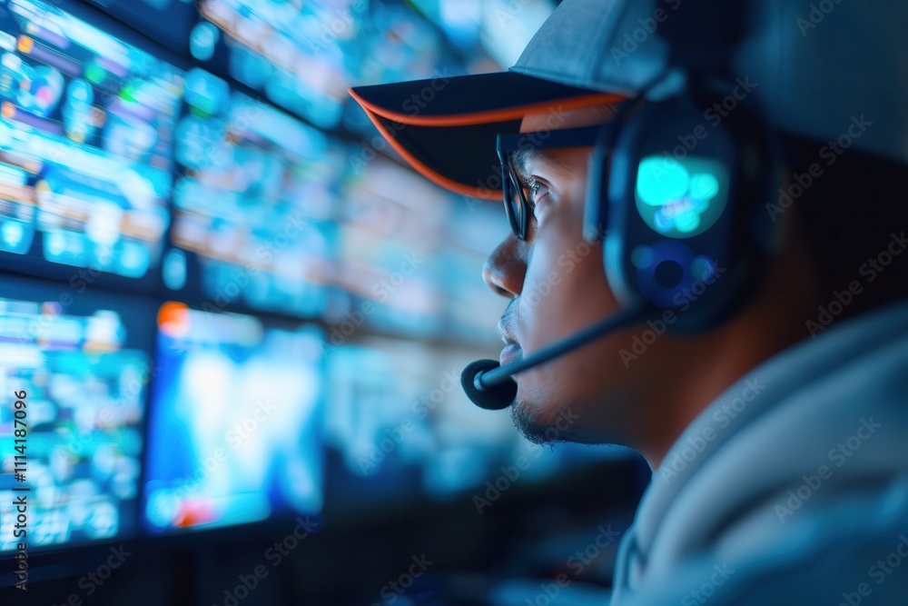 E-sports events stream live globally. Focused gamer in front of screens E-sports events stream live globally. Focused gamer in front of screens