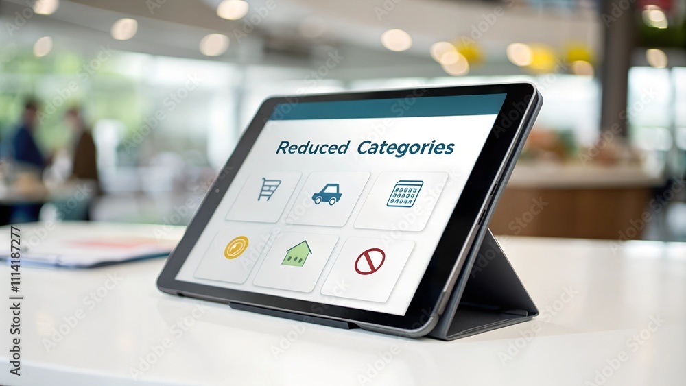 Tablet showing reduced categories app for cutting expenses in office Tablet showing reduced categories app for cutting expenses in office
