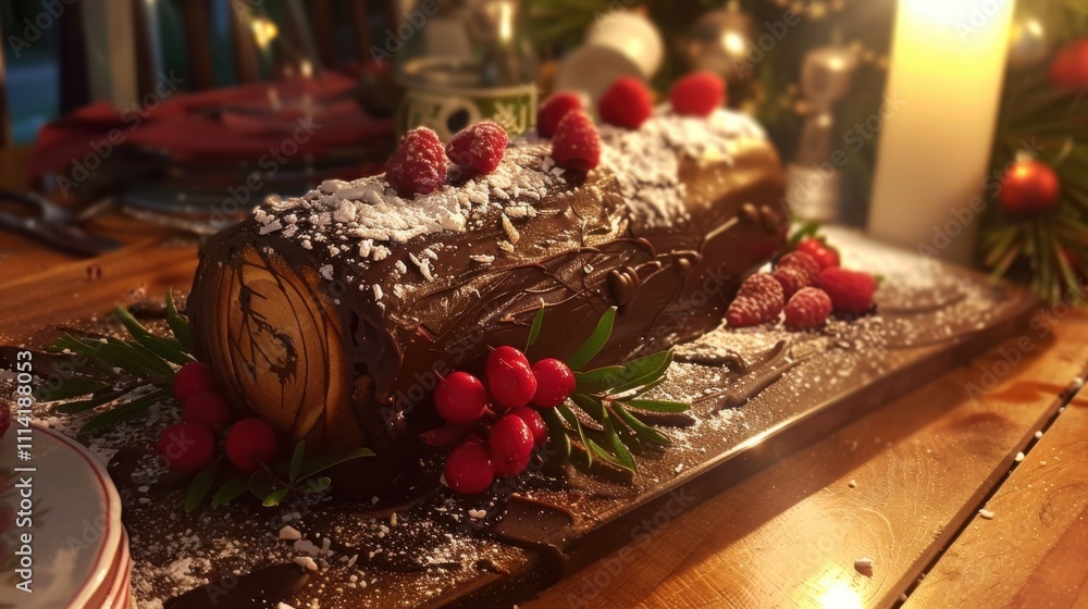 Yummy Tasty Yule Log with berries and rosemary decorations Yummy Tasty Yule Log with berries and rosemary decorations