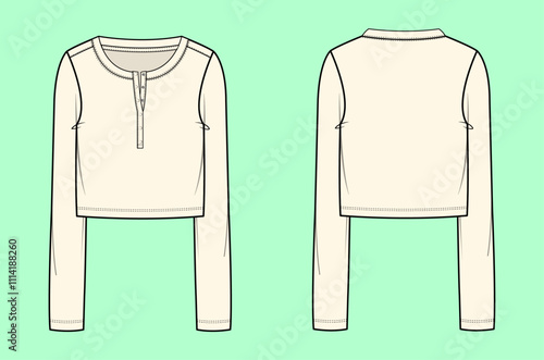 Ladies long sleeve henley crop t-shirt flat sketch outline. photo