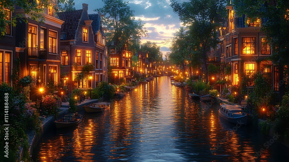 Fototapeta premium Amsterdam evening display capturing the radiant glow of canal houses with lights picture