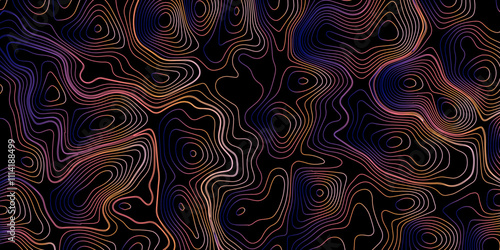 Multicolor wave and light trail background, Luxury gradient color topography wave lines isolated on black background, Beautiful Topo Wallpaper, Contour topographic map background vector illustration.