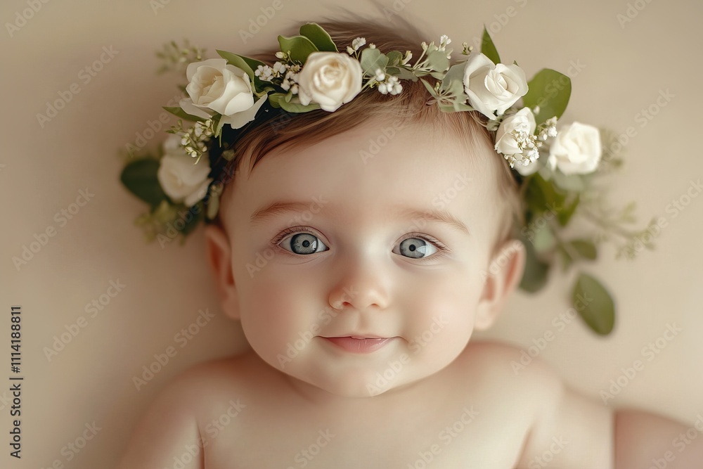 portrait caucasian baby girl with white roses flower crown on delicate neutral background portrait caucasian baby girl with white roses flower crown on delicate neutral background