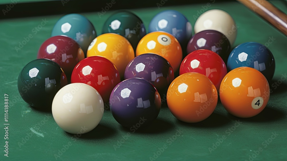 Fifteen billiard balls arranged in a close-packed formation on a green pool table. Fifteen billiard balls arranged in a close-packed formation on a green pool table.