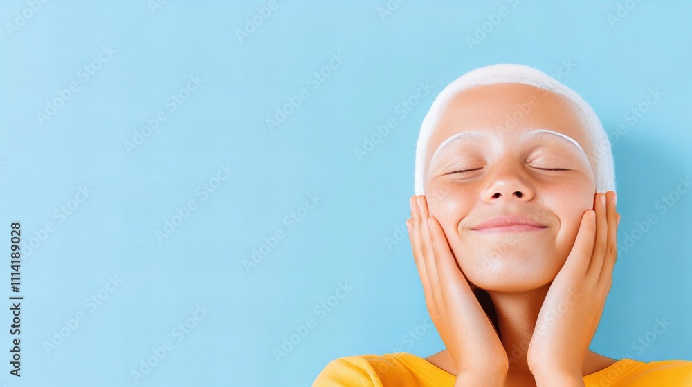Caucasian young female smiling with eyes closed against blue background Caucasian young female smiling with eyes closed against blue background