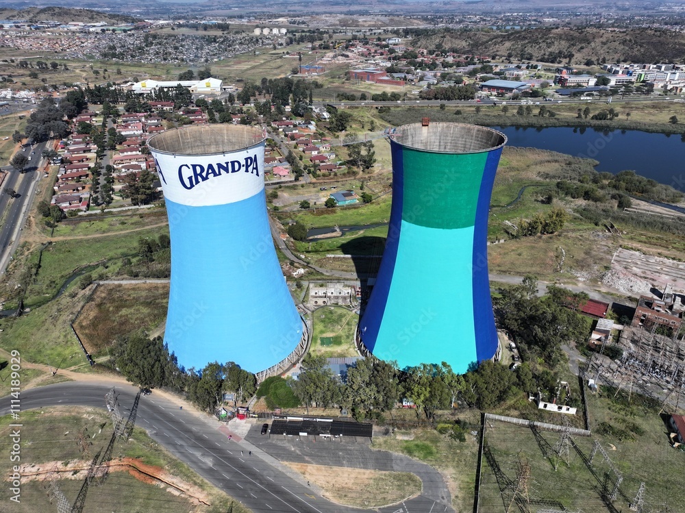 Fototapeta premium Soweto Towers At Johannesburg In Gauteng South Africa. Orlando Towers. Tourism Landmark. Johannesburg At Gauteng South Africa. High Rise Towers Landscape. Travel Attraction.