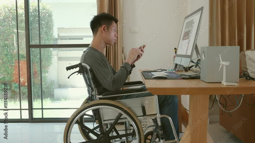 A young man in a wheelchair is focused on his work at a home office setup. He is using a computer while surrounded by an organized workspace, reflecting adaptability and productivity in a comfortable A young man in a wheelchair is focused on his work at a home office setup. He is using a computer while surrounded by an organized workspace, reflecting adaptability and productivity in a comfortable