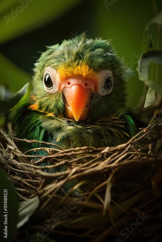 A parrot chick nestled in its nest. photo