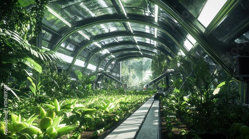 Fully automated greenhouse growing exotic fruits like dragon fruit and starfruit. AI systems regulate light and humidity while robotic arms harvest the produce.  photo