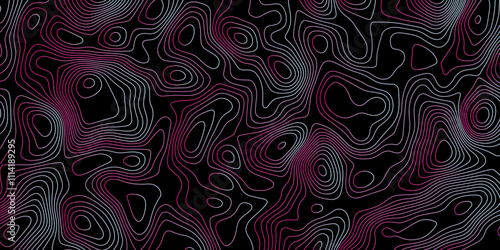 Multicolor wave and light trail background, Luxury gradient color topography wave lines isolated on black background, Beautiful Topo Wallpaper, Contour topographic map background vector illustration.