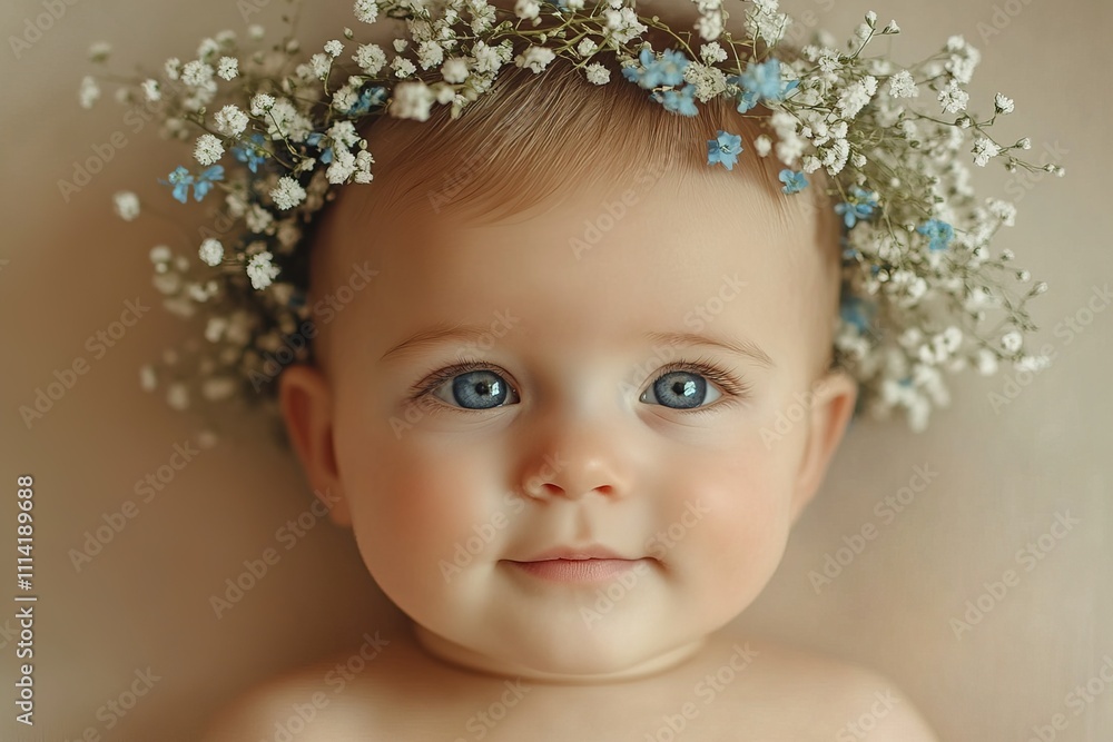Beautiful little human baby in small white flowers wreath on head on beige background Beautiful little human baby in small white flowers wreath on head on beige background