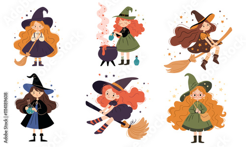 A set of flat vector illustrations in a simple children's style. Cute witches brewing potion, flying on a broom. Kind and cheerful witches girls. Vector illustration