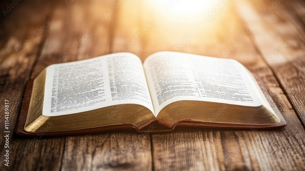 Obraz premium An open Bible lies on a rustic wooden surface, with warm light illuminating its pages.
