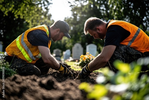 Two dedicated workers tend to flowers in a cemetery, demonstrating the importance of honoring memories through thoughtful care and maintenance of burial sites. photo