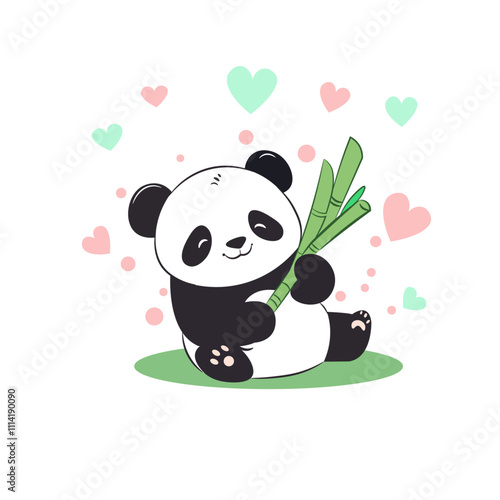 Cute Panda Eating Bamboo with Heart Elements Vector Art
