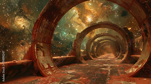 Fototapeta Naklejka Na Ścianę i Meble -  Abandoned Space Station in Nebula with Rusted Structures and Cosmic Background, Evoking a Sense of Isolation and Wonder in the Vast Universe