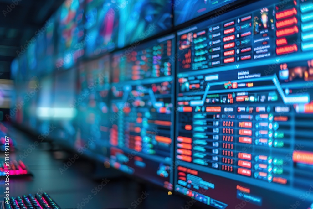 Fototapeta premium E-sports events stream live globally. High-tech trading screens with data displays
